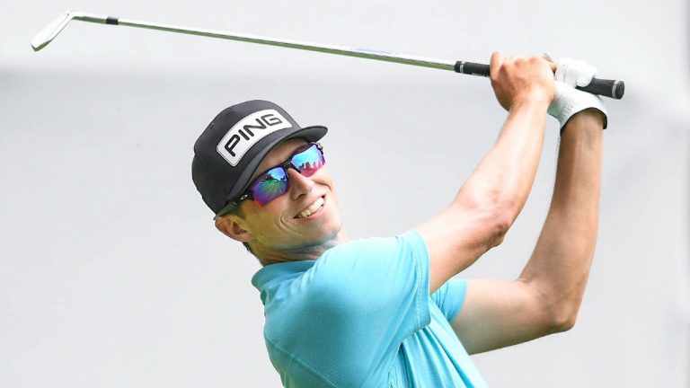 Brandon Hagy tees off on the 16th hole during the second round of the John Deere Classic golf tournament, Friday, July 9, 2021, in Silvis, Ill. (Meg McLaughlin/Quad City Times via AP)