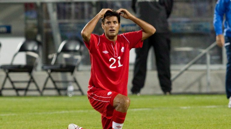 Canada's Ante Jazic reacts at the final whistle after his team's goal less tie with Honduras' in CONCACAF World Cup qualifying action in Toronto on Tuesday June 12 , 2012. (Chris Young/The Canadian Press) 
