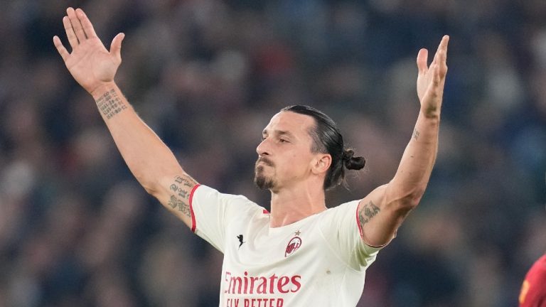 AC Milan's Zlatan Ibrahimovic celebrates after scoring his side's opening goal during the Series A soccer match between Roma and AC Milan at Rome's Olympic stadium, in Rome, Sunday, Oct. 31, 2021. (Gregorio Borgia/AP)