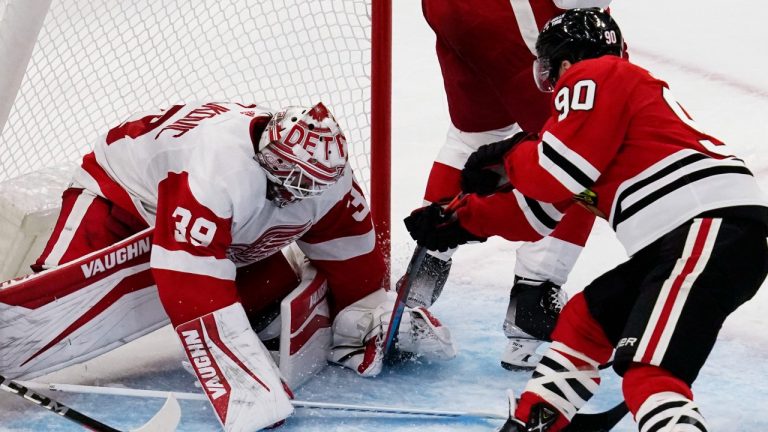 Detroit Red Wings goaltender Alex Nedeljkovic stops Chicago Blackhawks centre Tyler Johnson during the third period on Sunday, Oct. 24, 2021. (AP/file) 