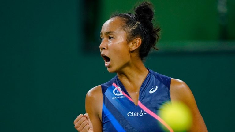 Leylah Fernandez celebrates winning a game over Anastasia Pavlyuchenkova at the BNP Paribas Open tennis tournament Sunday, Oct. 10, 2021, Calif. (Mark J. Terrill/AP Photo) 
