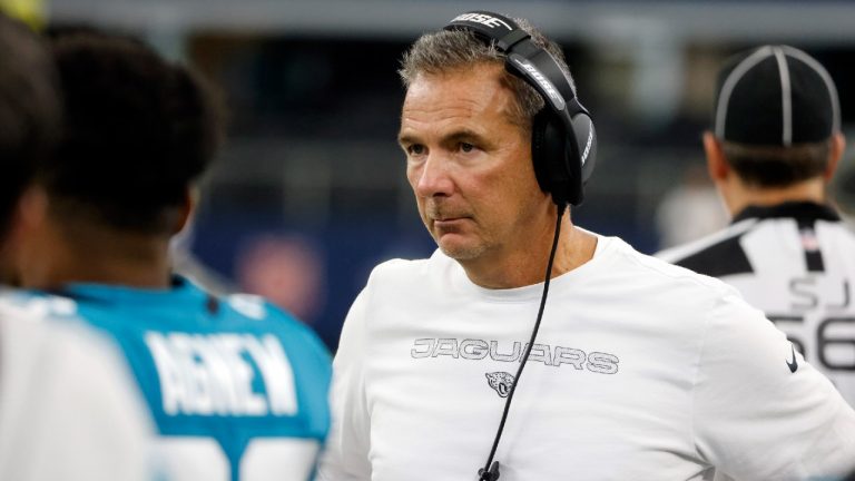 In this Sunday, Aug. 29, 2021, file photo, Jacksonville Jaguars head coach Urban Meyer works the sideline during the first half of a pre-season NFL football game against the Dallas Cowboys in Arlington, Texas. (Michael Ainsworth/AP)