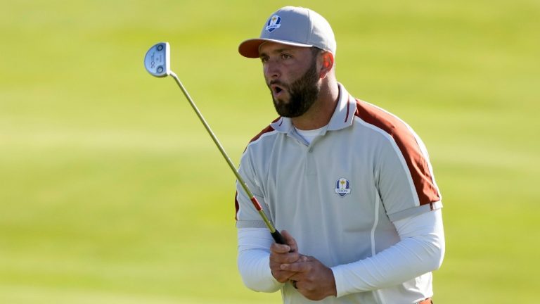 Team Europe's Jon Rahm reacts to his putt on the 10th hole during a four-ball match the Ryder Cup at the Whistling Straits Golf Course Saturday, Sept. 25, 2021, in Sheboygan, Wis. (Charlie Neibergall/AP)