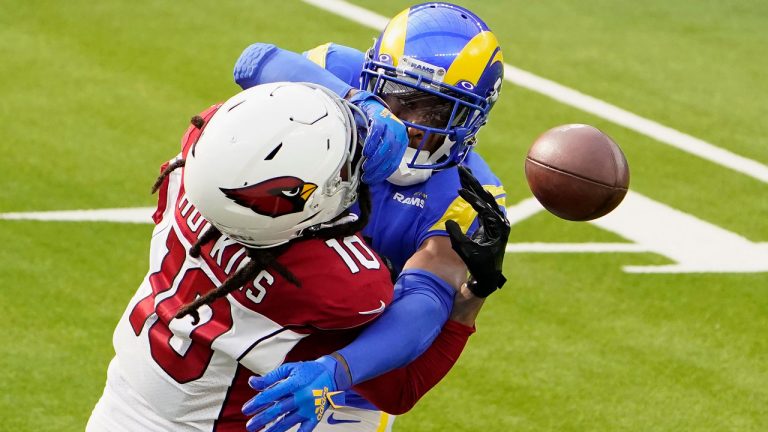 Los Angeles Rams cornerback Jalen Ramsey, rear, breaks up a pass intended for Arizona Cardinals wide receiver DeAndre Hopkins (10) during the first half of an NFL football game. (Jae C. Hong/AP) 