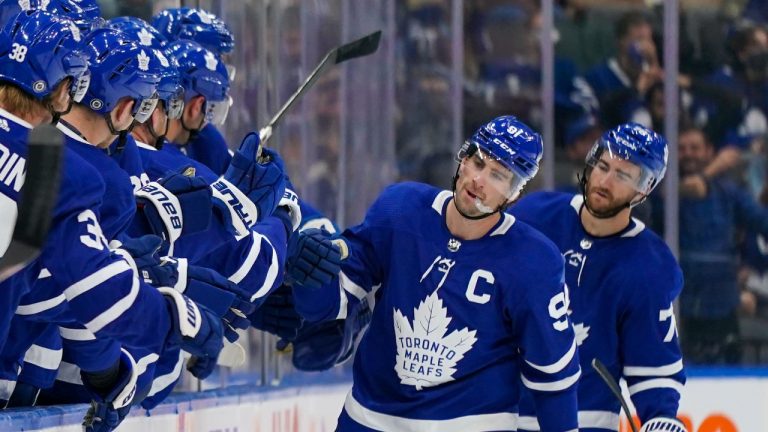 Toronto Maple Leafs forward John Tavares (91) celebrates his goal against the Ottawa Senators during second period NHL pre-season hockey action in Toronto on Saturday, October 9, 2021. (Evan Buhler/CP)