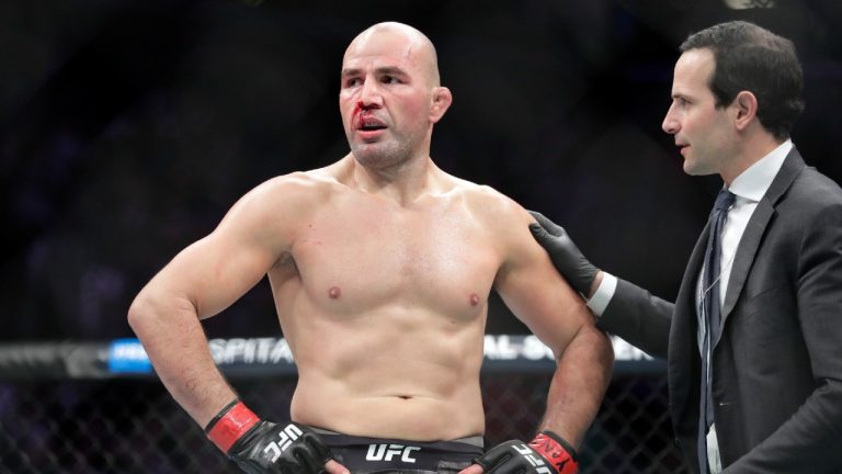 In this Jan. 19, 2019, file photo, Glover Teixeira looks on after he stopped Karl Roberson in the first round of a light heavyweight mixed martial arts bout at UFC Fight Night in New York. Teixeira faces Jan Blachowicz for the light heavyweight title on Saturday, Oct. 30, 2021, in Abu Dhabi, United Arab Emirates. (Frank Franklin II/AP)