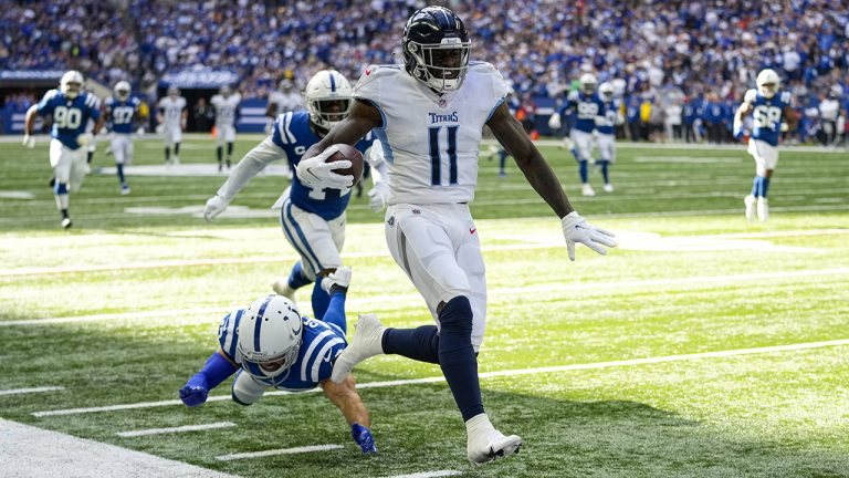 Tennessee Titans wide receiver A.J. Brown (11) heads to the end zone for a touchdown against the Indianapolis Colts in the first half of an NFL football game in Indianapolis, Sunday, Oct. 31, 2021. (AJ Mast/AP Photo)