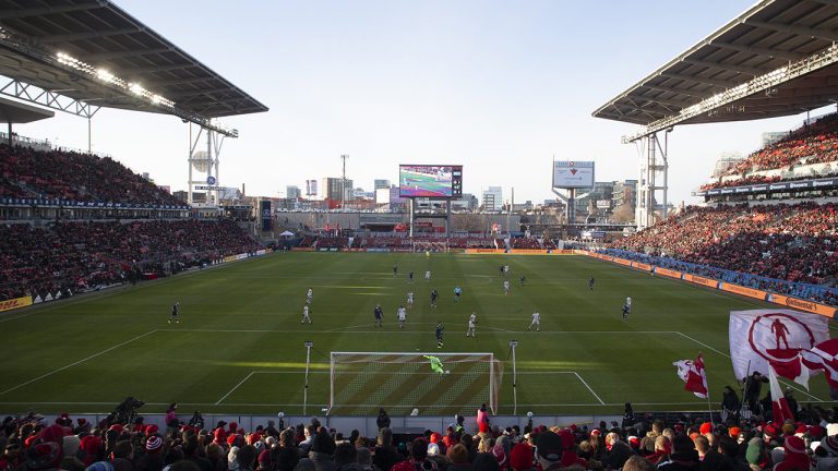 Toronto FC goalkeeper Quentin Westberg (16) takes a goal kick during his team's home opener against New York City FC during MLS action. A FIFA delegation wrapped up its visits to candidate cities for the 2026 World Cup with a stop in Toronto. (Chris Young/THE CANADIAN PRESS)