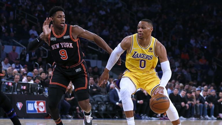 Los Angeles Lakers guard Russell Westbrook (0) drives against New York Knicks guard RJ Barrett (9) during the first half of an NBA basketball game. (Jim McIsaac/AP)