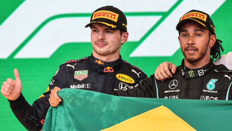 Second placed Max Verstappen (NLD) Red Bull Racing celebrates on the podium with race winner Lewis Hamilton (GBR) Mercedes AMG F1.
14.11.2021. Formula 1 World Championship, Rd 19, Brazilian Grand Prix, Sao Paulo, Brazil, Race Day.
Photo credit should read: XPB/Press Association Images. 