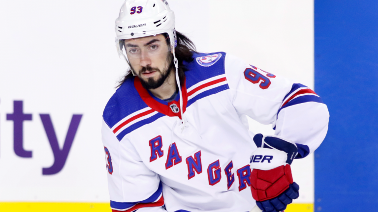 NHL profile photo on New York Rangers player Mika Zibanejad, from Sweden, at a game against the Calgary Flames in Calgary, Alta. on Nov. 6, 2021. (CP)