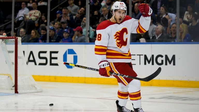 Calgary Flames left wing Andrew Mangiapane (88) reacts after scoring. (John Minchillo/AP) 