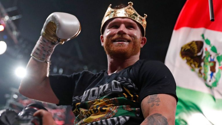 Canelo Alvarez, of Mexico, celebrates after defeating Caleb Plant by in a super middleweight title unification fight Saturday, Nov. 6, 2021, in Las Vegas (Steve Marcus/AP).