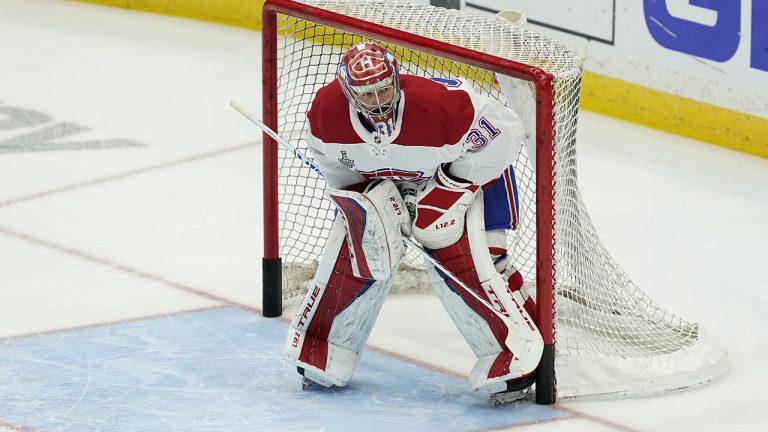 Montreal Canadiens goaltender Carey Price watches from the net during pregame of Game 5 of the Stanley Cup finals against the Tampa Lightning. (AP/file)