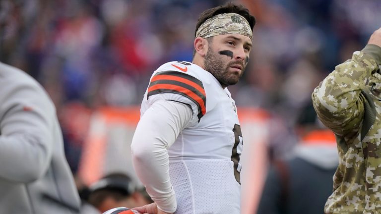 Cleveland Browns quarterback Baker Mayfield (6) watches from the sideline during the second half of an NFL football game against the New England Patriots, Sunday, Nov. 14, 2021, in Foxborough, Mass. (Steven Senne/AP)