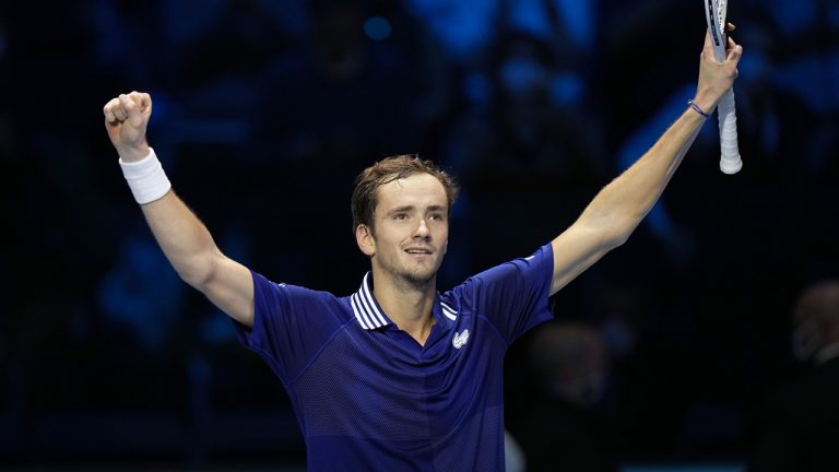 Russia's Daniil Medvedev celebrates after defeating Germany's Alexander Zverev during their ATP World Tour Finals singles tennis match. (Luca Bruno/AP)