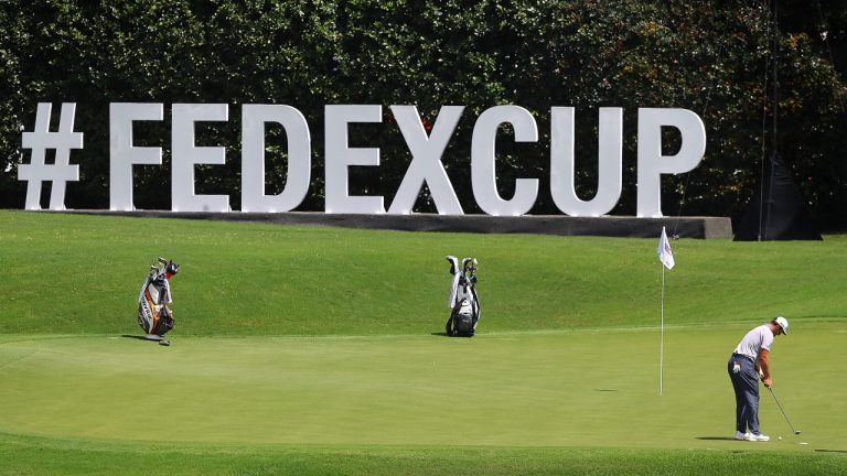 Jon Rahm, ranked second behind Dustin Johnson in FedEx Cup points, putts on the 11th green during his practice round for the season-ending Tour Championship at East Lake Golf Club on Wednesday, Sept. 2, 2020, in Atlanta. (Curtis Compton/Atlanta Journal-Constitution via AP) 