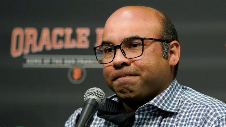 San Francisco Giants president of baseball operations Farhan Zaidi speaks at a season-ending news conference in San Francisco, Monday, Oct. 18, 2021 (Jeff Chiu/AP).
