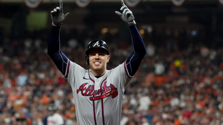 Atlanta Braves' Freddie Freeman celebrates his home run during the seventh inning in Game 6 of baseball's World Series between the Houston Astros and the Atlanta Braves Tuesday, Nov. 2, 2021, in Houston (Eric Gay/AP).