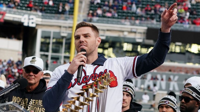 Atlanta Braves' Freddie Freeman speaks during a celebration at Truist Park, Friday, Nov. 5, 2021, in Atlanta. The Braves beat the Houston Astros 7-0 in Game 6 on Tuesday to win their first World Series MLB baseball title in 26 years (John Bazemore/AP).