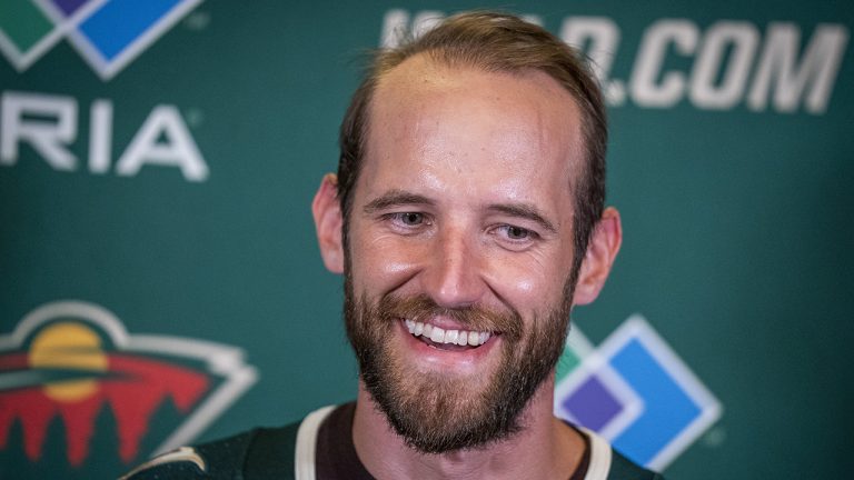 Minnesota Wild defenceman Alex Goligoski speaks during an NHL hockey press conference. (Leila Navidi/Star Tribune via AP)