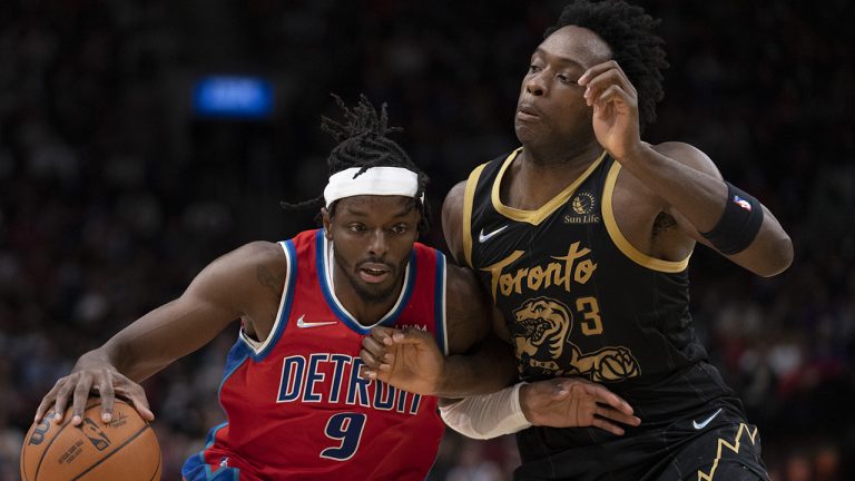 Detroit Pistons forward Jerami Grant (9) drives past Toronto Raptors forward OG Anunoby (3) during second half NBA action. (Frank Gunn/CP)