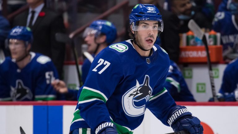 Vancouver Canucks' Travis Hamonic skates during the first period of an NHL hockey game against the New York Rangers in Vancouver, on Nov. 2, 2021. (CP/file) 
