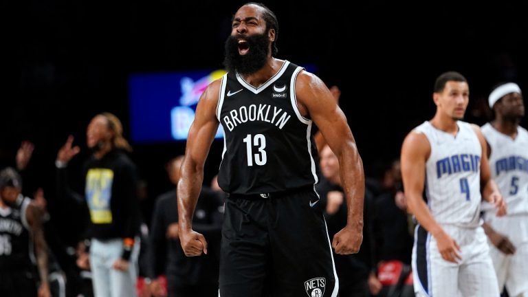 Brooklyn Nets guard James Harden reacts during the second half of the team's NBA basketball game against the Orlando Magic, Friday, Nov. 19, 2021, in New York. The Nets won 115-113. (Mary Altaffer/AP) 