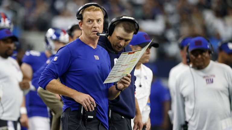 New York Giants offensive coordinator Jason Garrett watches play against the Dallas Cowboys. (Michael Ainsworth/AP)