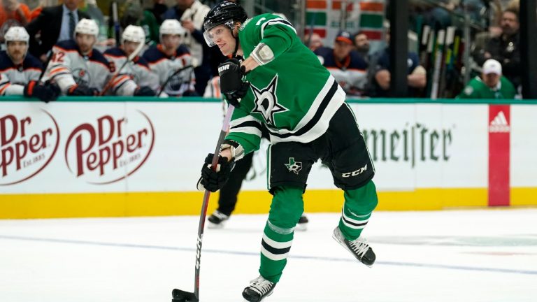 Dallas Stars defenseman John Klingberg takes a shot at the net in the first period of an NHL hockey game against the Edmonton Oilers in Dallas, Tuesday, Nov. 23, 2021 (Tony Gutierrez/AP).