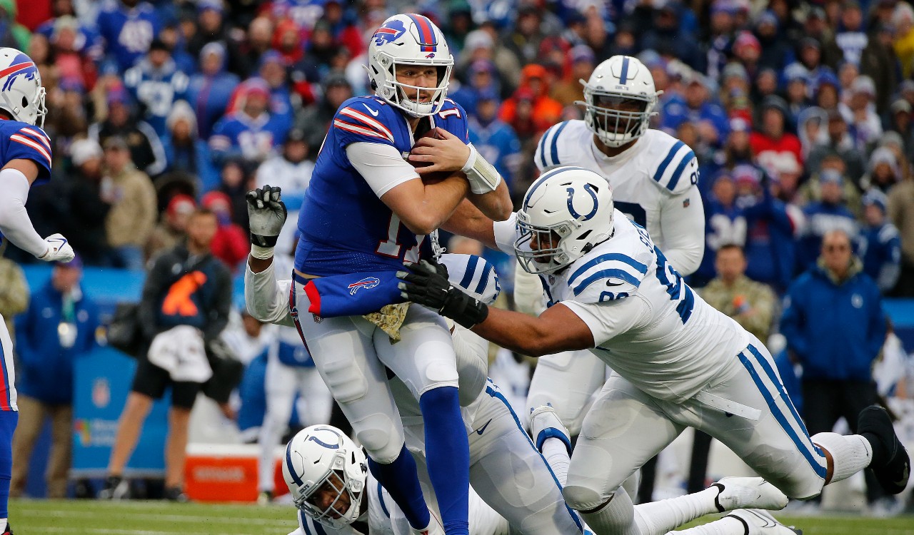 Quarterback (17) Josh Allen of the Buffalo Bills passes the ball against  the Indianapolis Colts in an NFL football game, Sunday, Nov. 21, 2021, in  Orchard Park, NY. The Colts defeated the