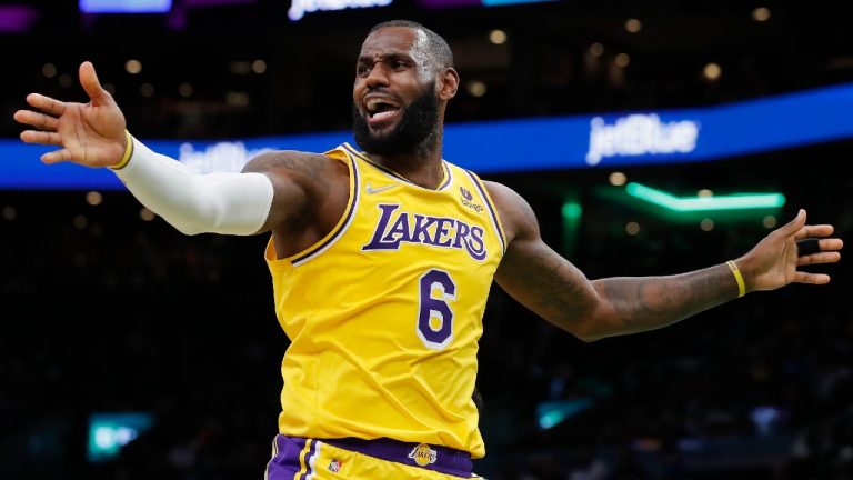 Los Angeles Lakers' LeBron James (6) looks for a call against the Boston Celtics during the second half of an NBA basketball game, Friday, Nov. 19, 2021, in Boston (Michael Dwyer/AP).