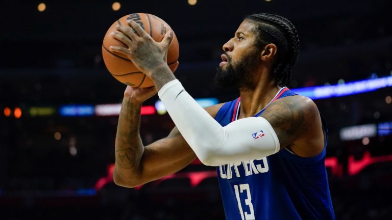 Los Angeles Clippers guard Paul George (13) shoots during the second half of an NBA basketball game against the Portland Trail Blazers in Los Angeles, Tuesday, Nov. 9, 2021. (Ashley Landis/AP)