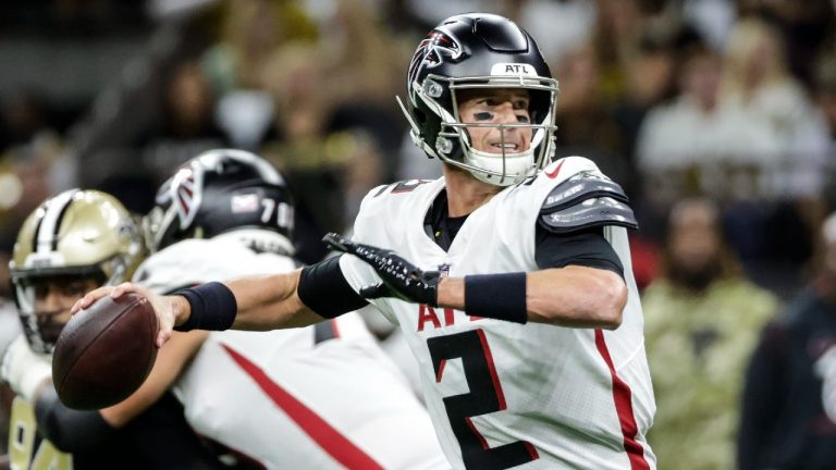 Atlanta Falcons quarterback Matt Ryan (2) works in ther pocket against the New Orleans Saints during the first half of an NFL football game, Sunday, Nov. 7, 2021, in New Orleans (Derick Hingle/AP).
