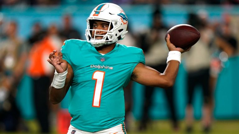 Miami Dolphins quarterback Tua Tagovailoa (1) aims a pass during the second half of an NFL football game against the Baltimore Ravens, Thursday, Nov. 11, 2021, in Miami Gardens, Fla. (Wilfredo Lee/AP)