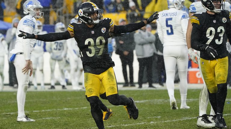 Detroit Lions kicker Zane Gonzalez (5) walks off the field after missing a field goal-attempt, as Pittsburgh Steelers free safety Minkah Fitzpatrick (39) celebrates during the overtime period of an NFL football game. (Keith Srakocic/AP)