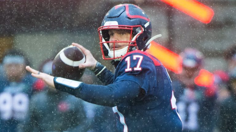 Montreal Alouettes quarterback Trevor Harris throws a pass during first half CFL football action against the Winnipeg Blue Bombers, in Montreal, Saturday, Nov. 13, 2021. (Graham Hughes/CP)