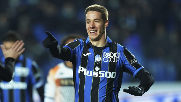 Atalanta's Mario Pasalic celebrates after scoring the first goal of the game during the Italian Serie A soccer match between Atalanta and Venezia. (Spada/LaPresse via AP)