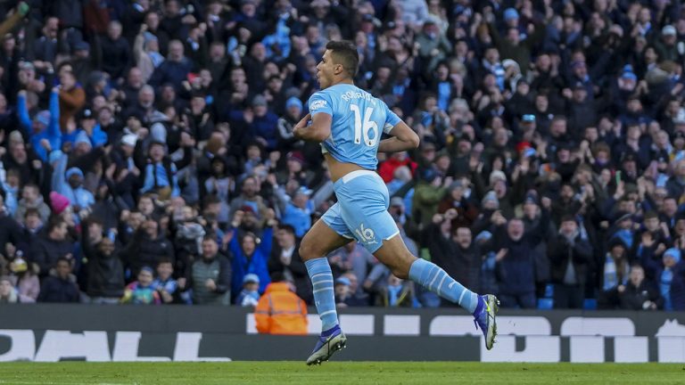 Manchester City's Rodrigo, left, celebrates after scoring his team second goal during the English Premier League soccer match between Manchester City and Everton at Etihad stadium in Manchester, England, Sunday, Nov. 21, 2021. (Jon Super/AP)