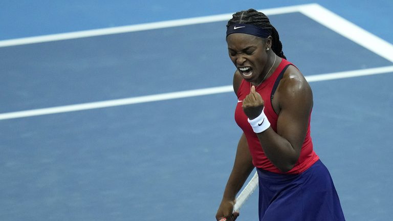 US Sloane Stephens celebrates after defeating Spain's Nuria Parrizas-Diaz during their group C Billie Jean King Cup finals tennis match in Prague, Czech Republic. (Petr David Josek/AP)