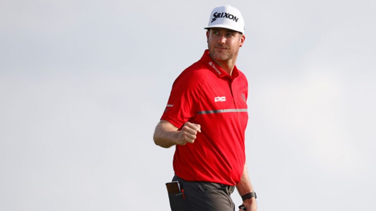 Taylor Pendrith of Canada reacts to his birdie on the 16th green during the third round of the Butterfield Bermuda Championship at Port Royal Golf Course on October 30, 2021 in Southampton, Bermuda. (Photo by Cliff Hawkins/Getty Images)