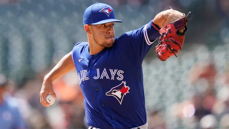 Toronto Blue Jays starting pitcher Jose Berrios throws during the second inning of a baseball game against the Detroit Tigers, Sunday, Aug. 29, 2021, in Detroit. (Carlos Osorio/AP)