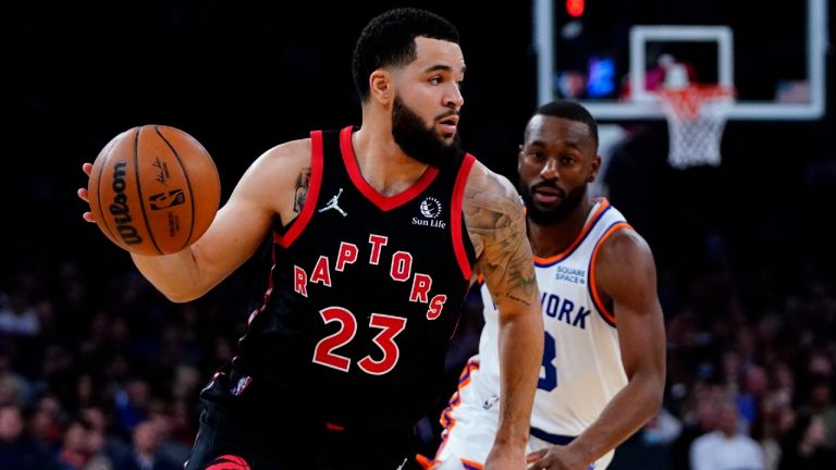 Toronto Raptors' Fred VanVleet (23) drives past New York Knicks' Kemba Walker (8) during the first half of an NBA basketball game Monday, Nov. 1, 2021, in New York. (Frank Franklin II/AP)