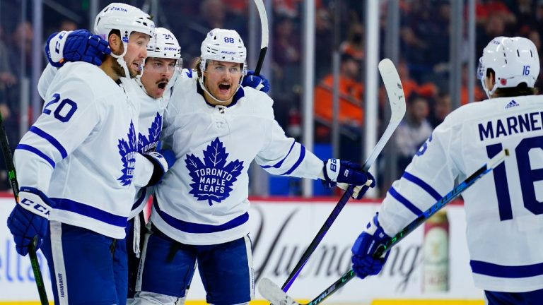 Toronto Maple Leafs' Nick Ritchie, from left, Auston Matthews, William Nylander and Mitchell Marner celebrate after Nylander's goal during the third period of an NHL hockey game. (Matt Slocum/AP)