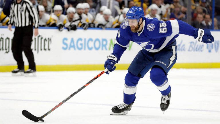 Tampa Bay Lightning defenseman Braydon Coburn (55) goes in on a breakaway against Pittsburgh Penguins goaltender Matt Murray during the second period of an NHL hockey game Thursday, Feb. 6, 2020, in Tampa, Fla. Murray made the save. (Chris O'Meara/AP) 