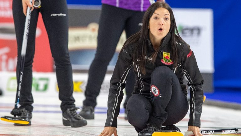 Team Einarson skip Kerri Einarson reacts to a shot against Team Rocque during Draw 17 of the 2021 Canadian Olympic curling trials in Saskatoon, Friday, November 26, 2021. (Liam Richards/CP)