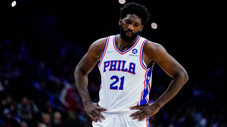 Philadelphia 76ers' Joel Embiid pauses during the first half of an NBA basketball game against the Minnesota Timberwolves, Saturday, Nov. 27, 2021, in Philadelphia. (Matt Slocum/AP)