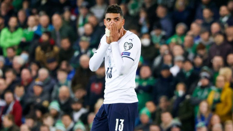 Emerson of Italy reacts during the World Cup 2022 group C qualifying soccer match between Northern Ireland and Italy at Windsor Park stadium in Belfast, Northern Ireland, Monday, Nov. 15, 2021. (Peter Morrison/AP)