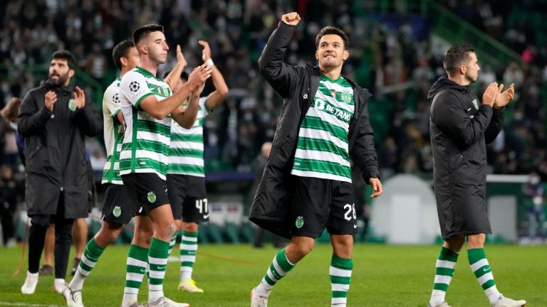 Sporting's Pedro Goncalves gestures to the crowd with teammates following their Champions League Group C soccer match against Borussia Dortmund at the Alvalade stadium in Lisbon, Portugal, Wednesday, Nov. 24, 2021. (Armando Franca/AP)