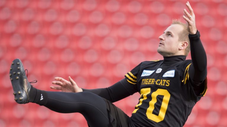 Hamilton Tiger-Cats' Lirim Hajrullahu is seen during a practice prior to the 107th Grey Cup in Calgary on November 23, 2019.  (Nathan Denette/THE CANADIAN PRESS)
